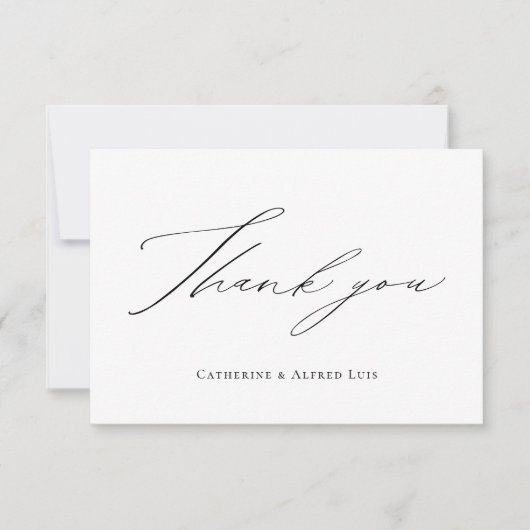 Elegant kalligrafie script zwart wit bruiloft bedankkaart (Voorkant)