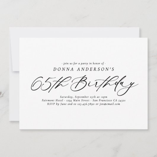 Elegant kalligrafiescript 65ste verjaardagsfeest kaart (Voorkant)