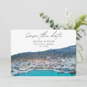 Elegant Kalymnos Griekenland Bruiloft Save the Dat Kaart (Staand voorkant)