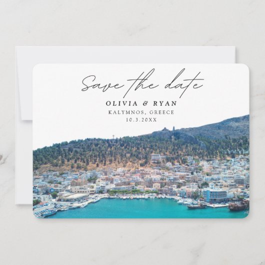 Elegant Kalymnos Griekenland Bruiloft Save the Dat Kaart (Voorkant)