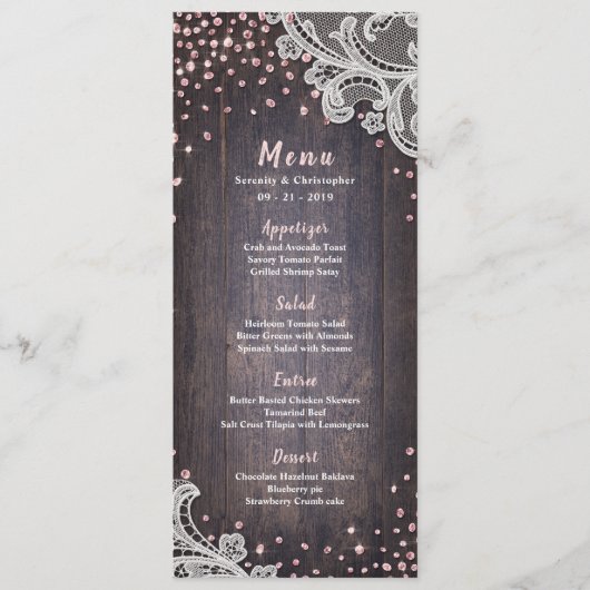Elegant Kant hout roze glitter rustiek bruiloft me Menu (Voorkant)