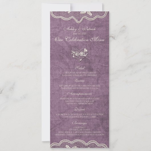 Elegant kant op Violet Background Wedding Menu Kaart (Achterkant)