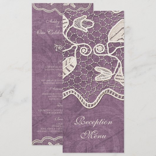Elegant kant op Violet Background Wedding Menu Kaart (Voorkant / Achterkant)