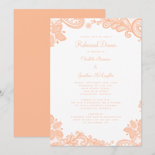 Elegant Kanten Perzik Proefdiner Huwelijk Kaart (Voorkant / Achterkant)