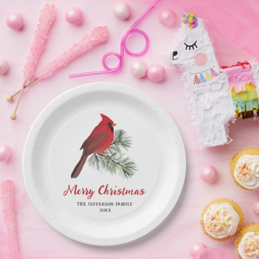 Elegant Kardinaal Bird op kerstpine Monogram Papieren Bordje (Feest)