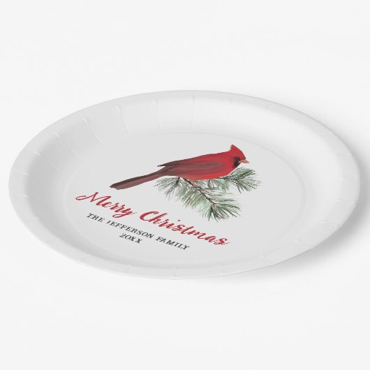 Elegant Kardinaal Bird op kerstpine Monogram Papieren Bordje (Gekanteld)