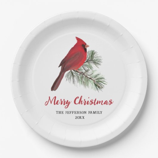 Elegant Kardinaal Bird op kerstpine Monogram Papieren Bordje (Voorkant)