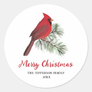 Elegant Kardinaal Bird op kerstpine Monogram Ronde Sticker