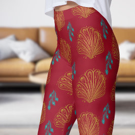 Elegant karmijn rode pauw fan patroon leggings