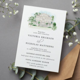 Elegant Kasteel | Aquarel Landhuis Bruiloft Kaart