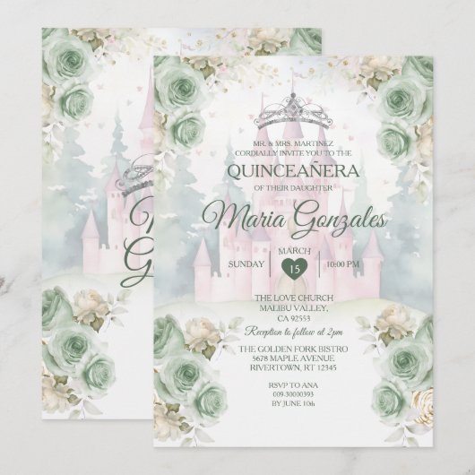 Elegant kasteel Sage Green Princess Quinceañera Kaart (Voorkant / Achterkant)
