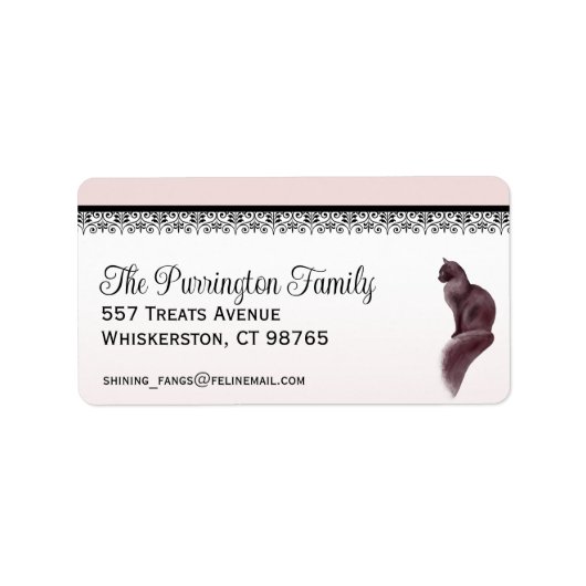 Elegant kat, roze & zwart, retouradreslabel etiket (Voorkant)