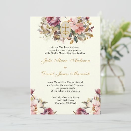 Elegant Katholieke Floral Wedding and Reception Kaart (Staand voorkant)