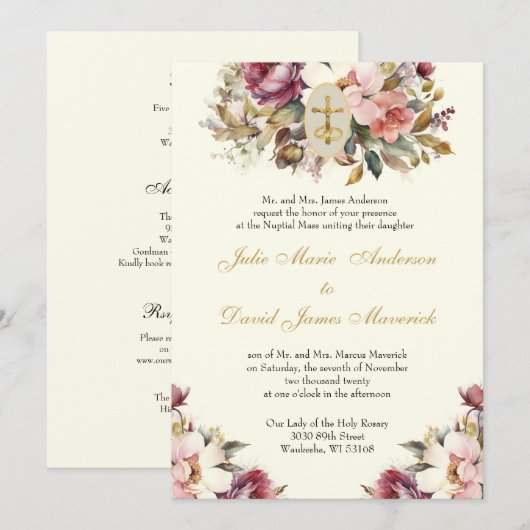 Elegant Katholieke Floral Wedding and Reception Kaart (Voorkant / Achterkant)