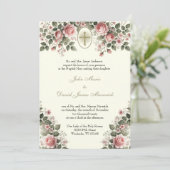 Elegant Katholieke Floral Wedding and Reception Kaart (Staand voorkant)