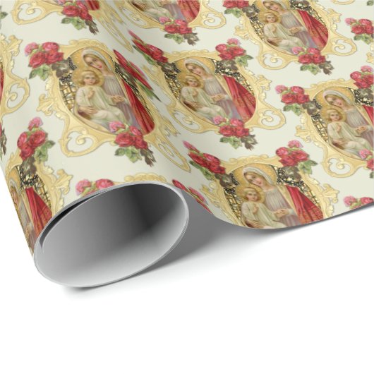 Elegant katholieke maagd Mary Jesus Red Roses Wrap Cadeaupapier (Rol Hoek)