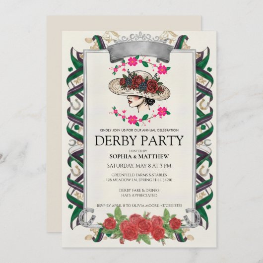 Elegant Kentucky Derby Party Floral Invitation Kaart (Voorkant / Achterkant)