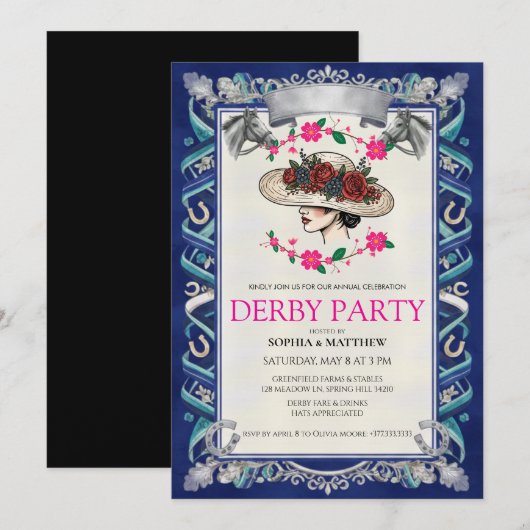 Elegant Kentucky Derby Party Floral Invitation Kaart (Voorkant / Achterkant)