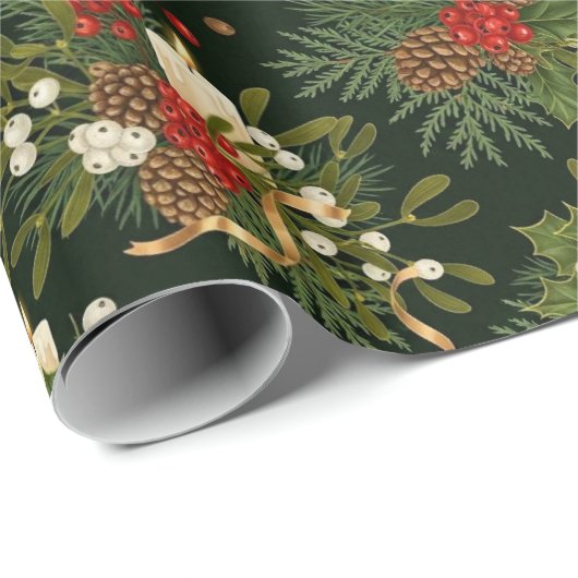 Elegant Kerst Bloemstuk Denappel Patroon Cadeaupapier (Rol Hoek)
