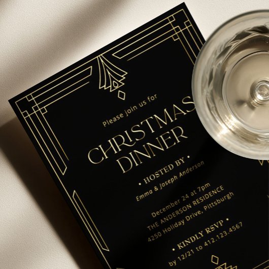 Elegant Kerst Dinner | Zwart en Goud Folie Uitnodiging