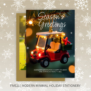 Elegant Kerst Golfkar Ornament · Foto Goud Feestdagenkaart