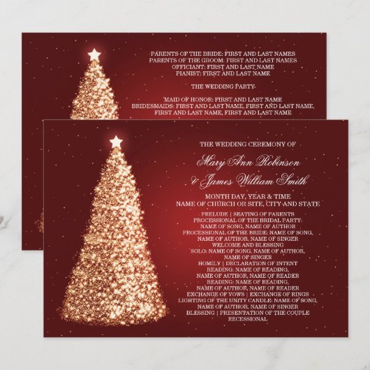 Elegant Kerst Huwelijksprogramma Goud Rood Programmakaart (Voorkant / Achterkant)