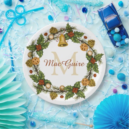 Elegant Kerst Krans Monogram Initiaal Papieren Bordje (Feest)