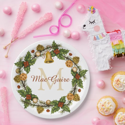  Elegant Kerst Krans Monogram Initiaal Papieren Bordje (Feest)