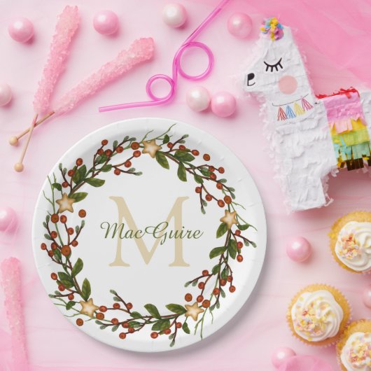 Elegant Kerst krans Monogram Initiaal Papieren Bordje (Feest)