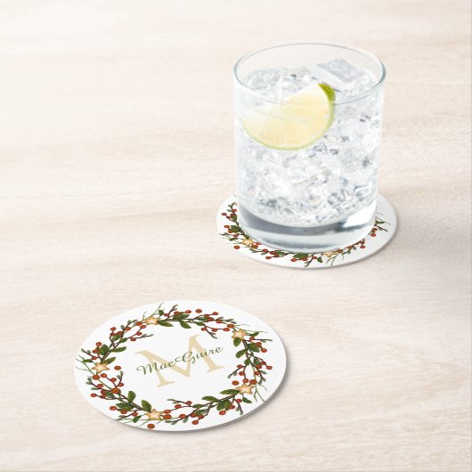 Elegant Kerst krans Monogram Initiaal Ronde Kartonnen Onderzetter (Insitu)
