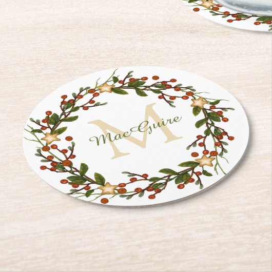 Elegant Kerst krans Monogram Initiaal Ronde Kartonnen Onderzetter (Gebogen)