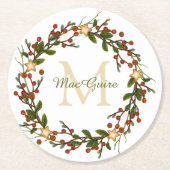 Elegant Kerst krans Monogram Initiaal Ronde Kartonnen Onderzetter (Voorkant)