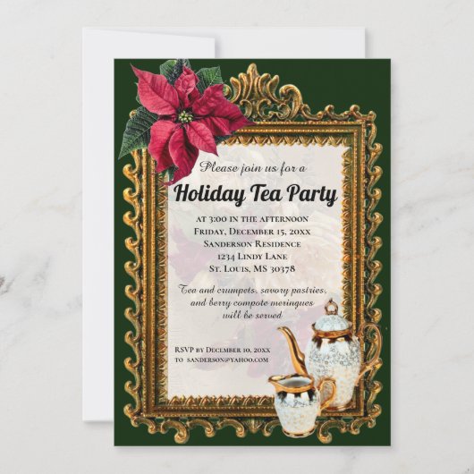Elegant kerst Pointsettia Tea Party Invitation Kaart (Voorkant)