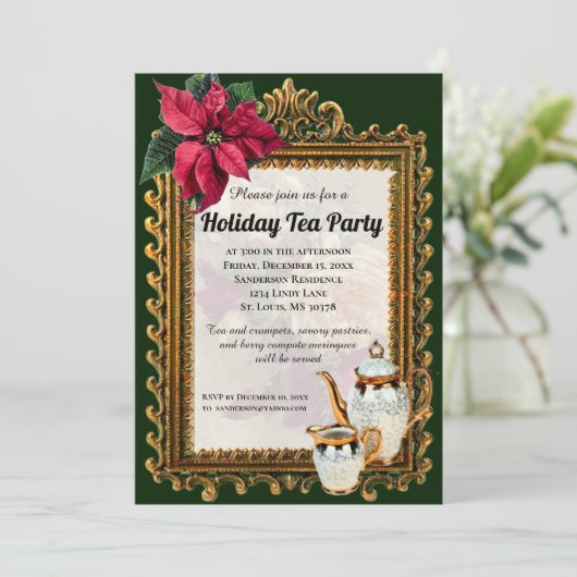 Elegant kerst Pointsettia Tea Party Invitation Kaart (Staand voorkant)