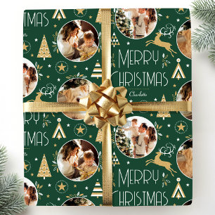 Elegant Kerst Reindeer Foto Donkergroen Cadeaupapier