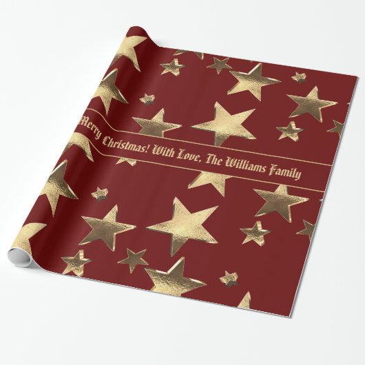Elegant Kerst Rode en Gouden Sterren Patroon Cadeaupapier (Uitgerold)