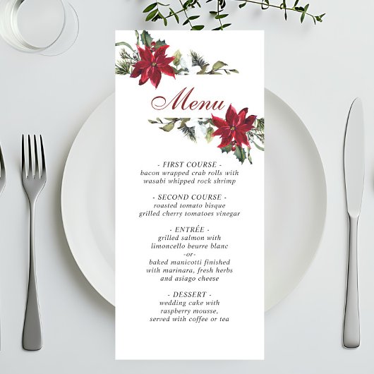 Elegant Kerst Rood Poinsettia Bruiloft Diner Menu