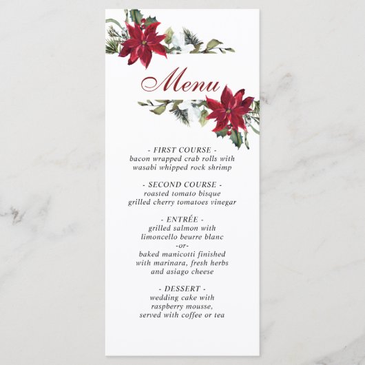 Elegant Kerst Rood Poinsettia Bruiloft Diner Menu (Voorkant)