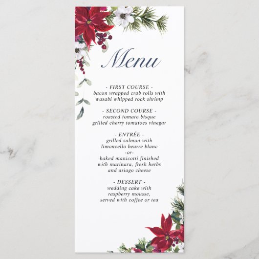 Elegant Kerst Rood Poinsettia Bruiloft Diner Menu (Voorkant)