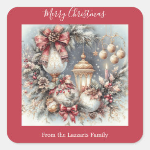 Elegant Kerst Waterverf Afbeelding Vierkante Sticker