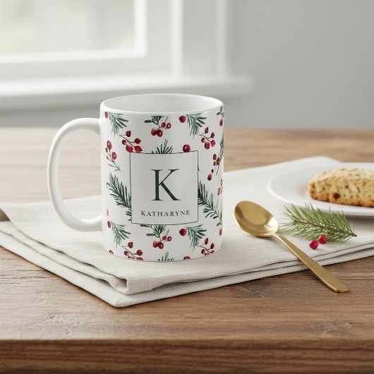 Elegant Kerst Waterverf Botanisch Monogram Koffiemok