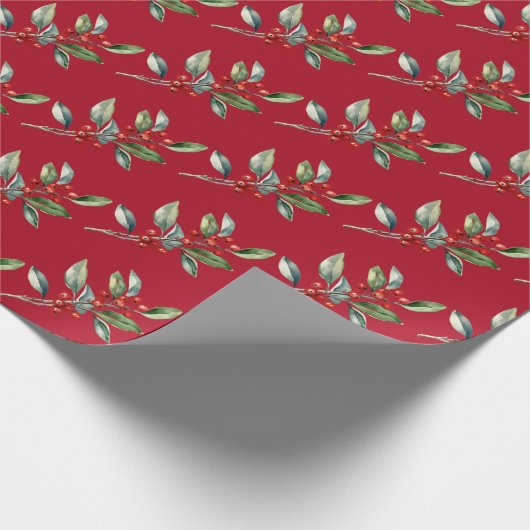 Elegant Kerst Waterverf Botanisch Rood Groen Cadeaupapier (Hoek)