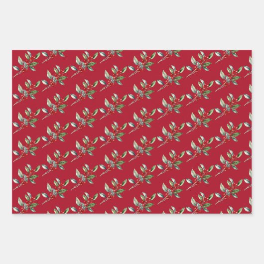 Elegant Kerst Waterverf Botanisch Rood Groen Inpakpapier Vel (Voorkant 3)