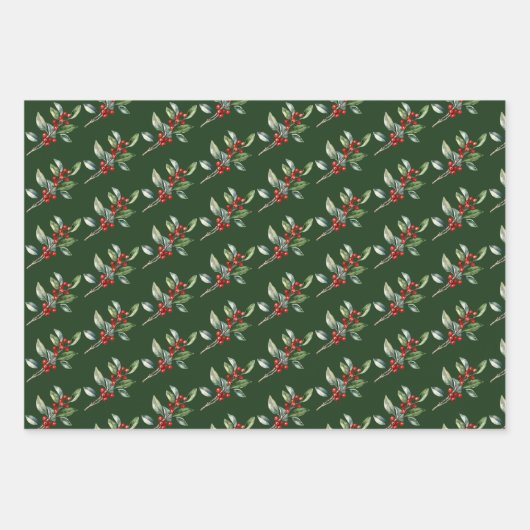 Elegant Kerst Waterverf Botanisch Rood Groen Inpakpapier Vel (Voorkant 2)