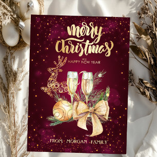 Elegant kerstbal, rendier, wijnglas, Bow Feestdagen Kaart