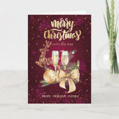 Elegant kerstbal, rendier, wijnglas, Bow Feestdagen Kaart (Voorkant)