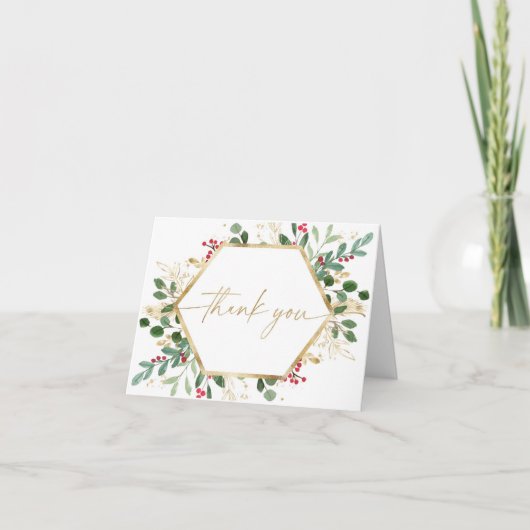 Elegant kerstblad groen rood goud bedankkaart (Voorkant)