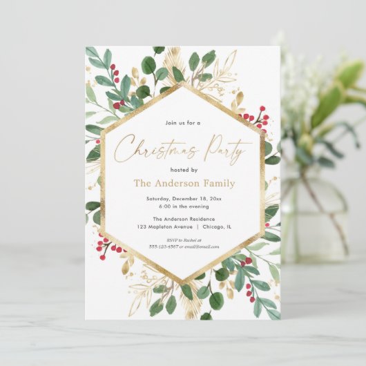 Elegant kerstblad groen rood goud kaart (Staand voorkant)