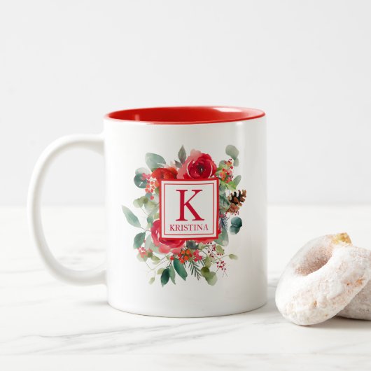 Elegant kerstbloemenmonogram tweekleurige koffiemok (Met donut)