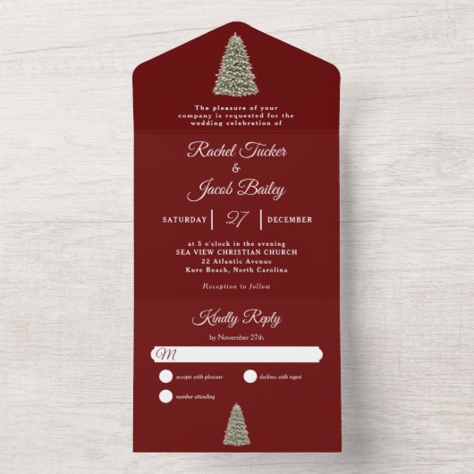 Elegant kerstboom donkerrood kersthuwelijk all in one uitnodiging (Binnen)